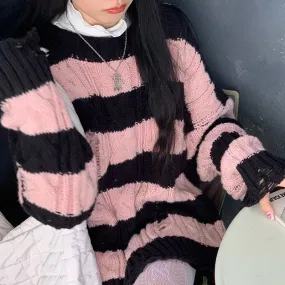 Ripped Knit Pink Black Striped Sweater