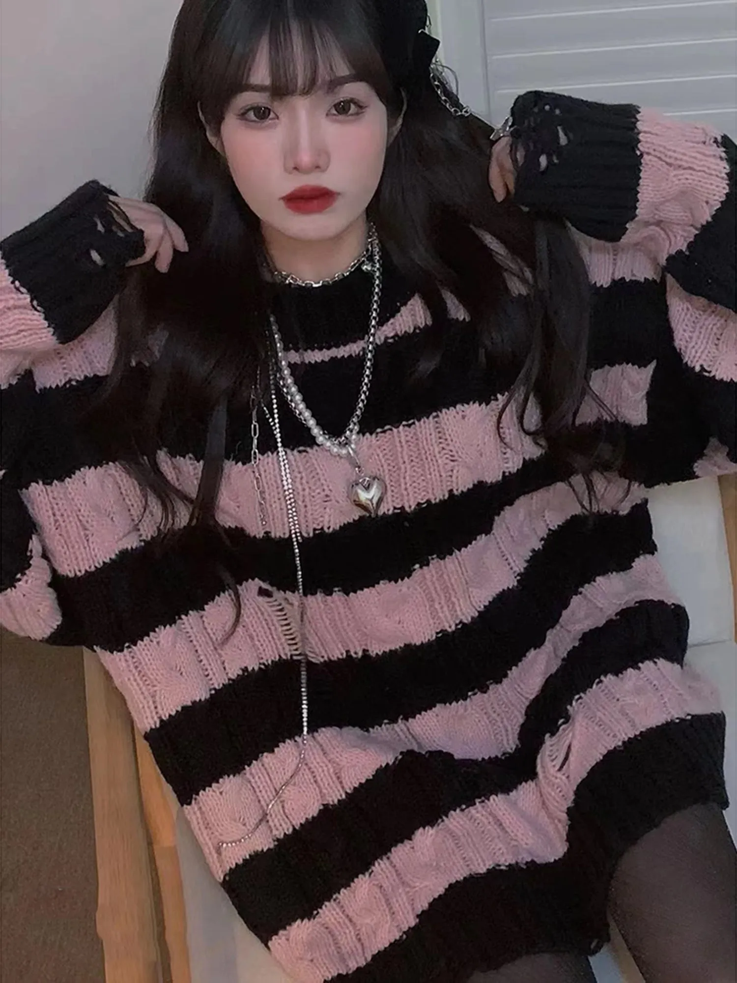 Ripped Knit Pink Black Striped Sweater