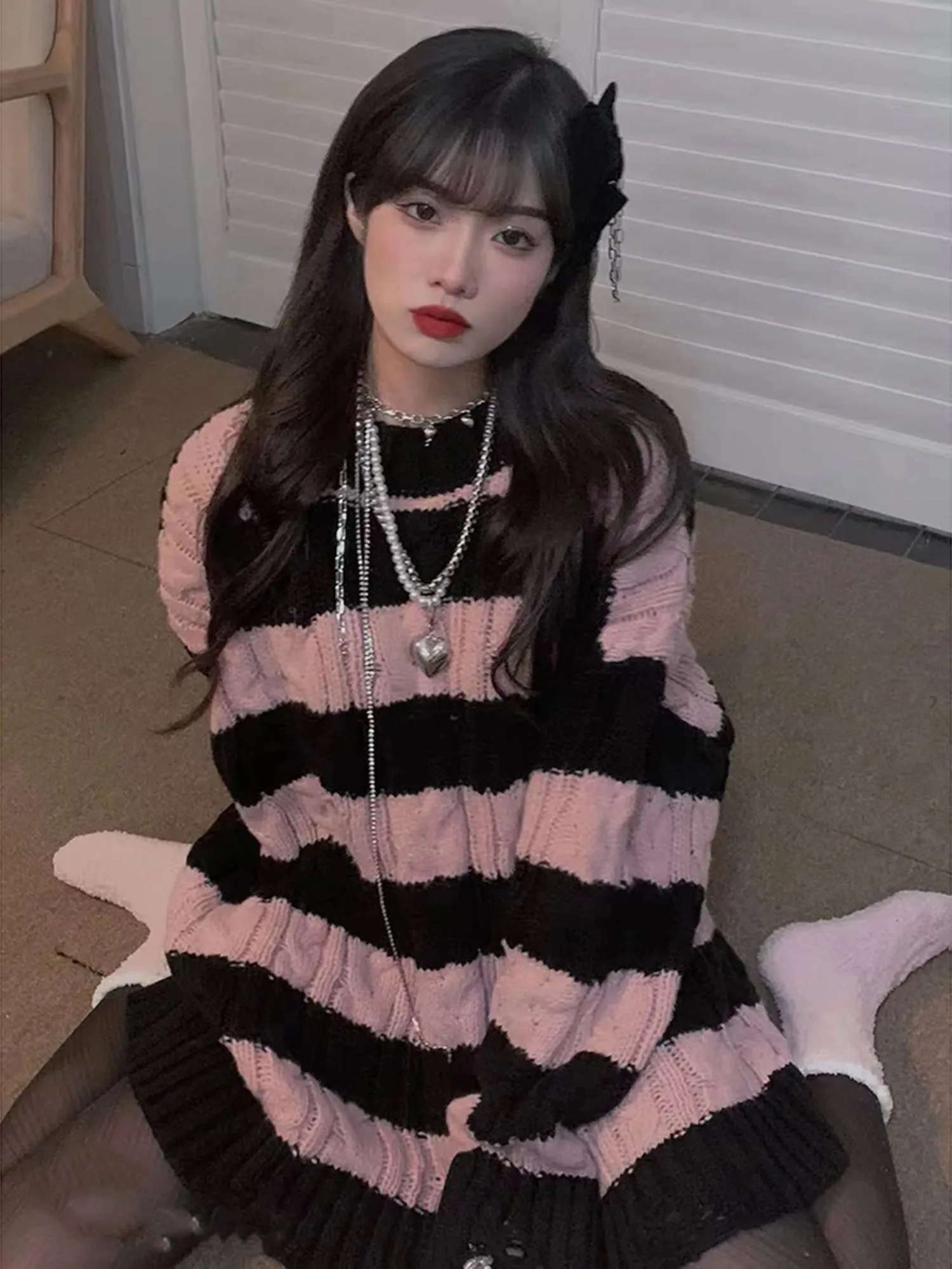 Ripped Knit Pink Black Striped Sweater