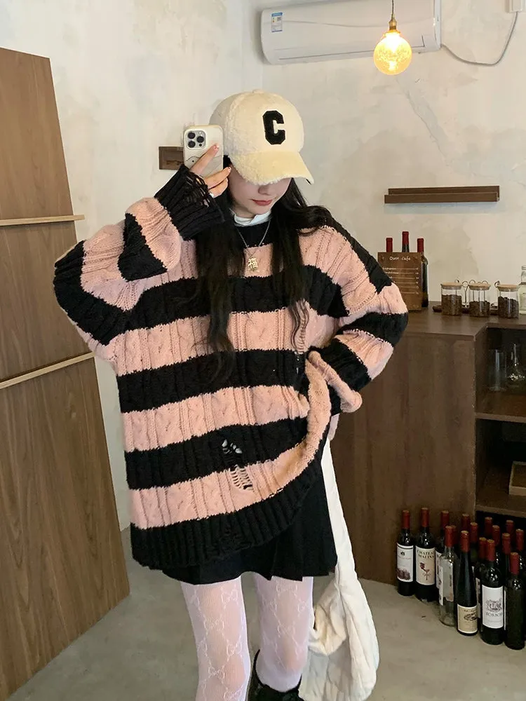 Ripped Knit Pink Black Striped Sweater