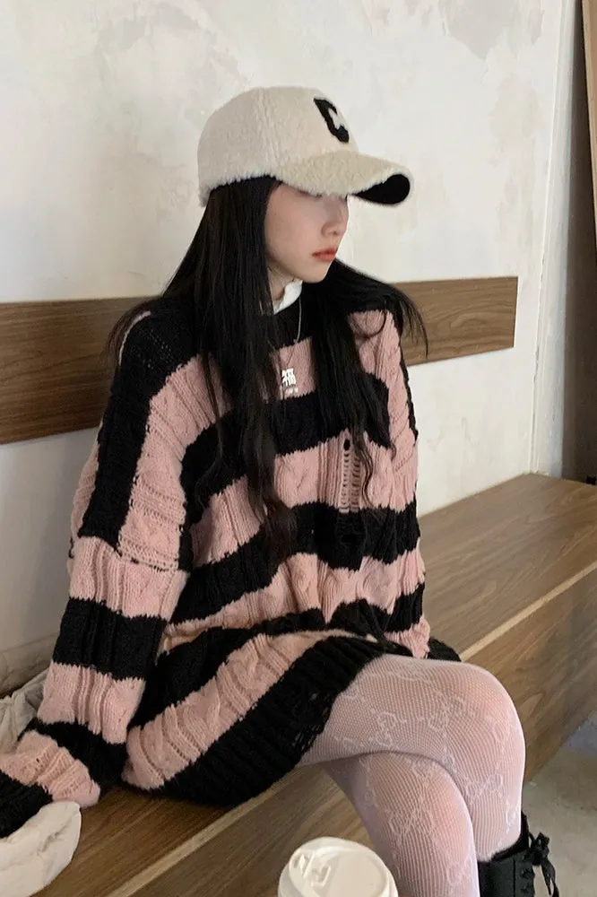 Ripped Knit Pink Black Striped Sweater