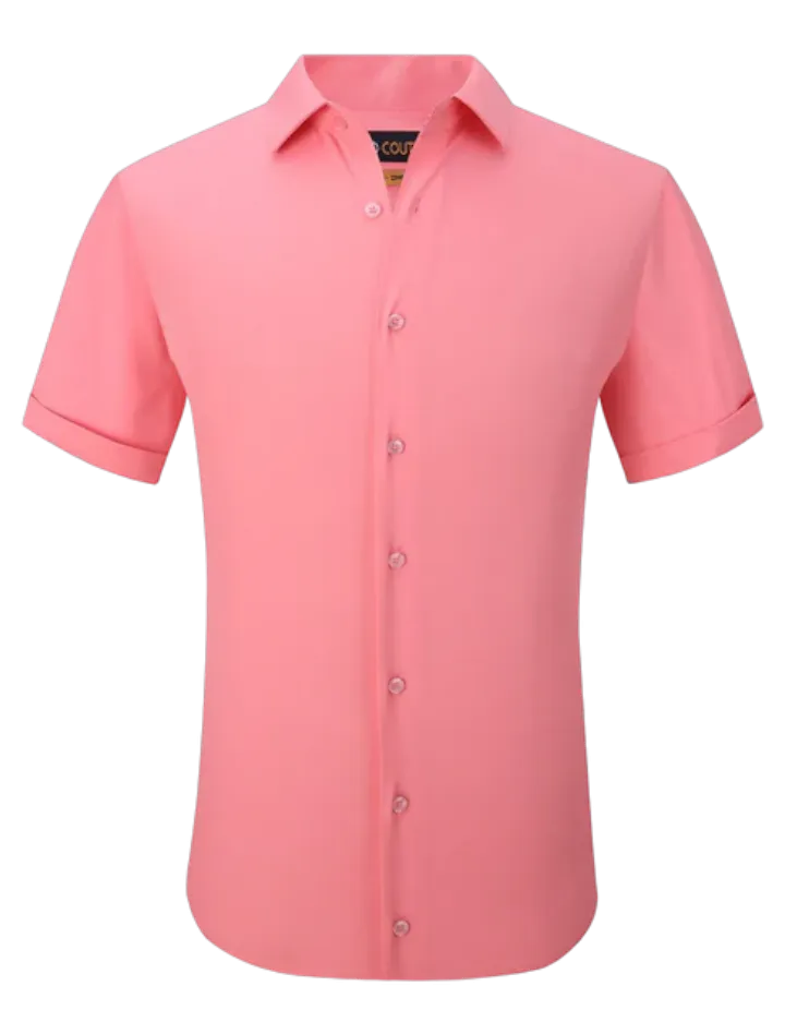 Rose pink men short sleeve shirt stretch material salmon color