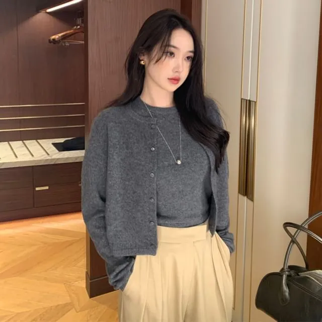 Set: Short-Sleeve Round Neck Plain Knit Top   Cardigan