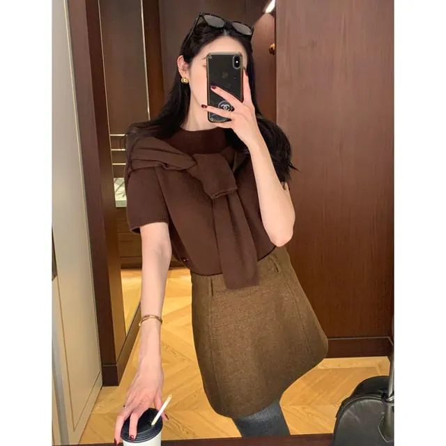 Set: Short-Sleeve Round Neck Plain Knit Top   Cardigan
