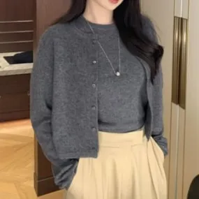 Set: Short-Sleeve Round Neck Plain Knit Top   Cardigan