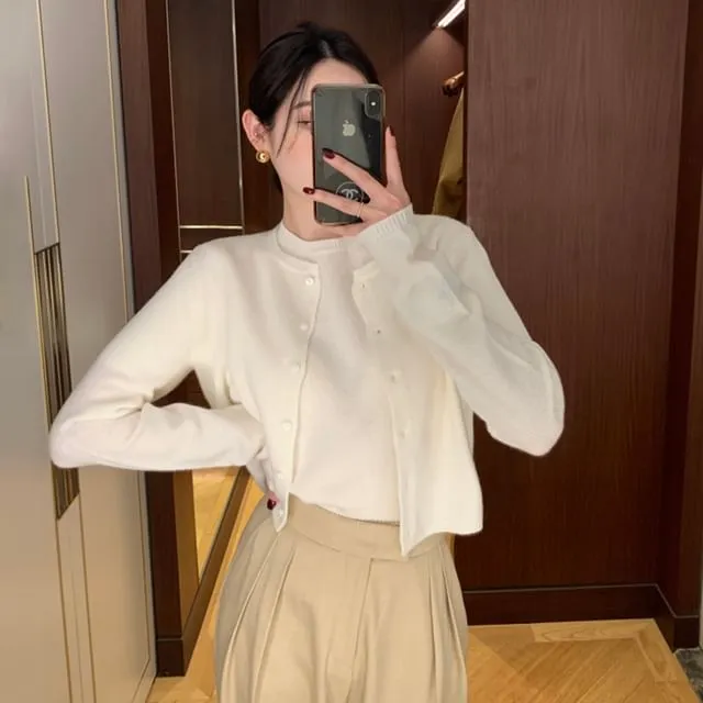 Set: Short-Sleeve Round Neck Plain Knit Top   Cardigan