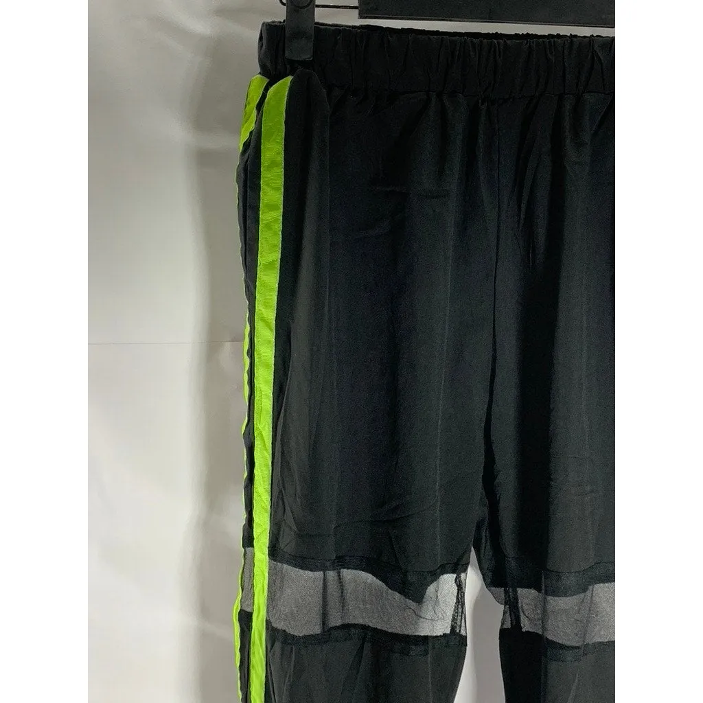 SHEIN Women's Black/Neon Green Double Striped Mesh Knee Pull-On Joggers SZ XS