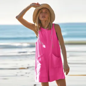 Solid Color Loose Jumpsuit With Pockets Straight Cargo Shorts Overall Pants Beach