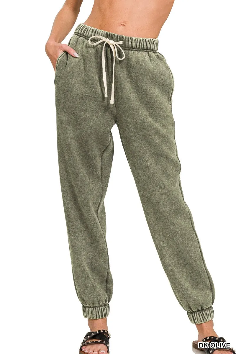 Stay Cozy Mineral Wash Joggers in Olive