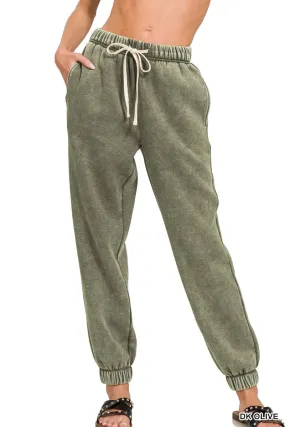 Stay Cozy Mineral Wash Joggers in Olive