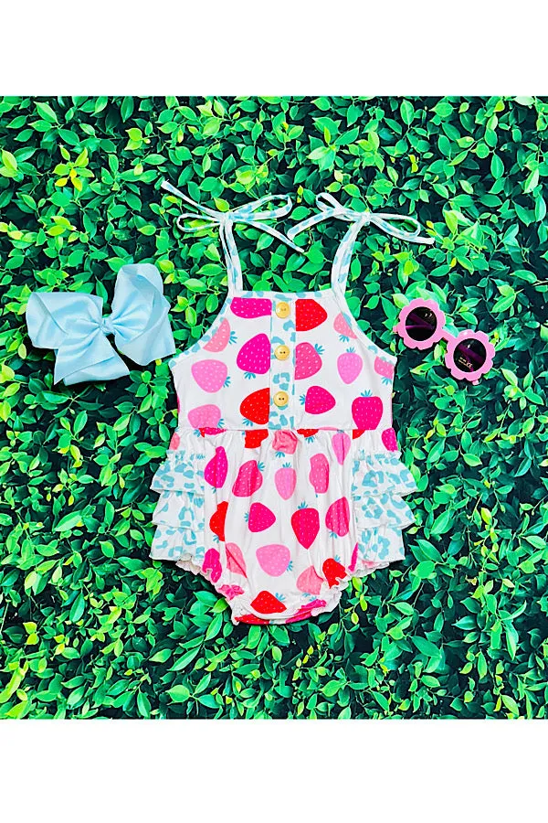 Strawberries & light blue cheetah ruffle baby romper DLH2430