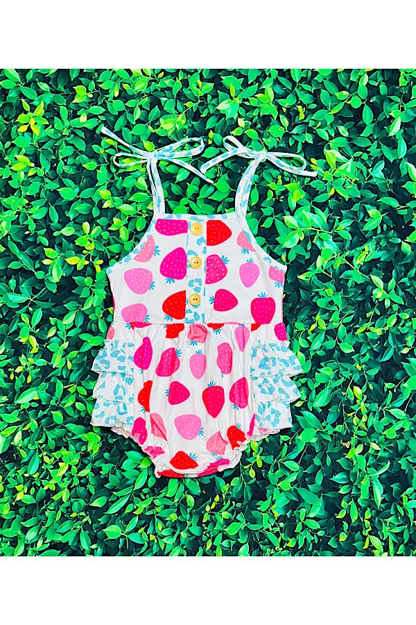 Strawberries & light blue cheetah ruffle baby romper DLH2430