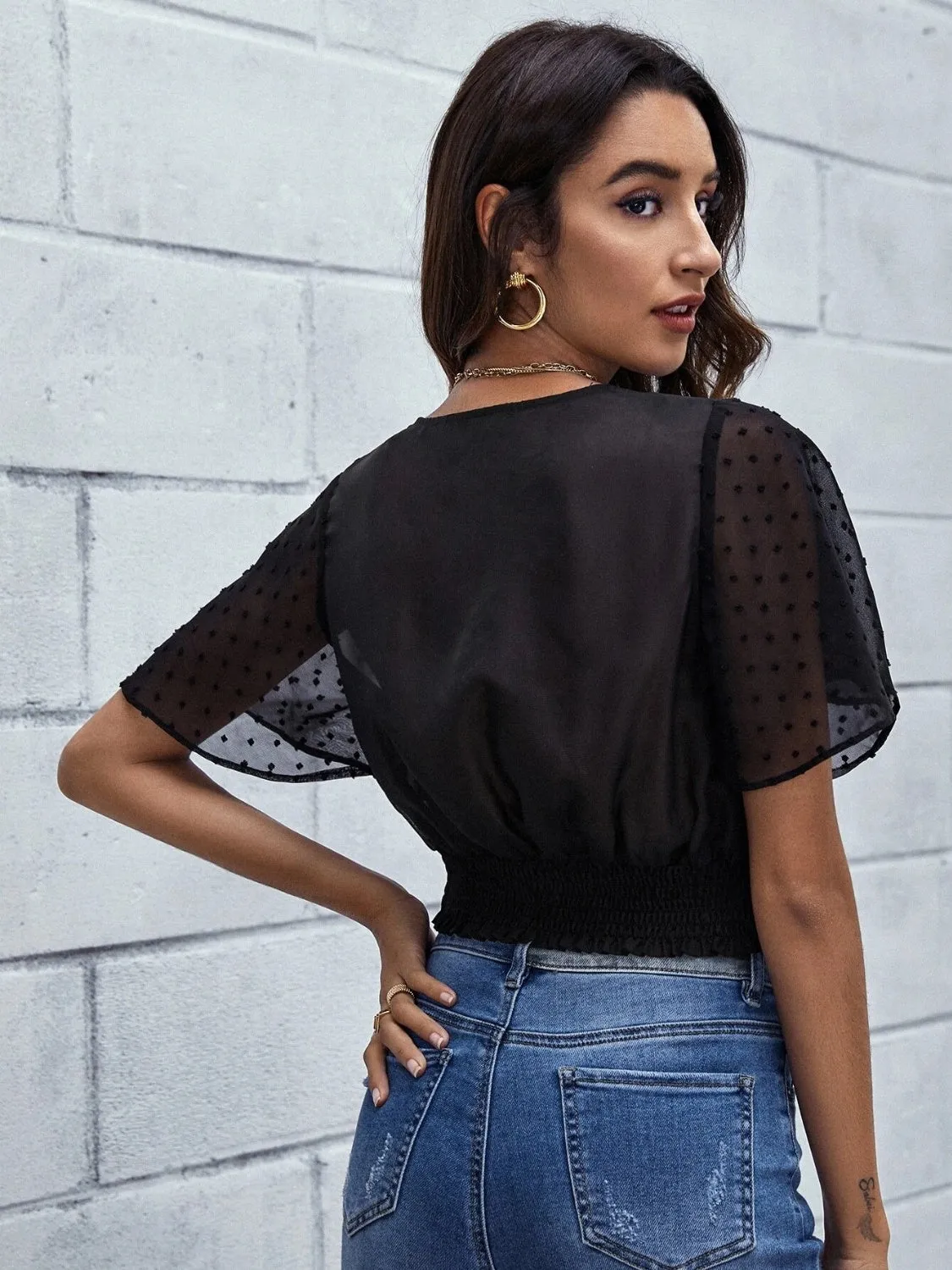 Swiss Dot Surplice Neck Cropped Top