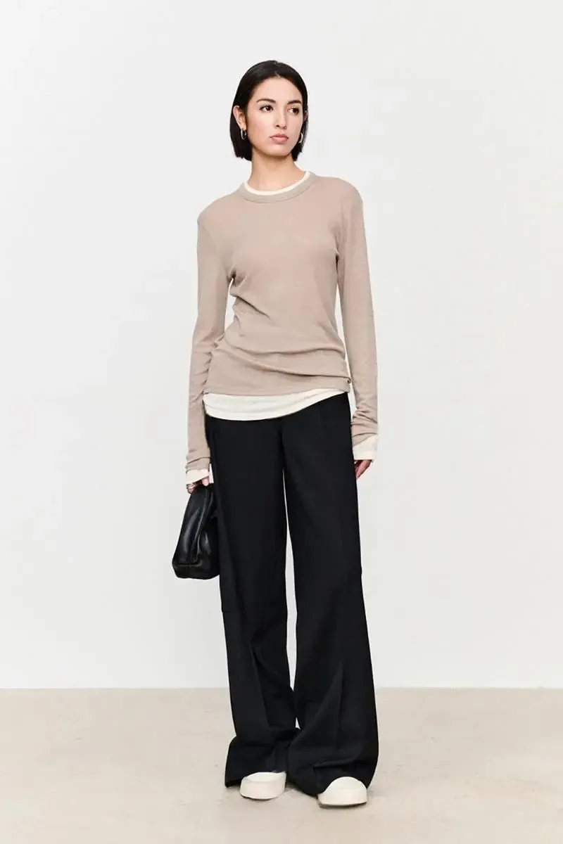 Tencel Wool Double Layered Crew Neck Knit Top