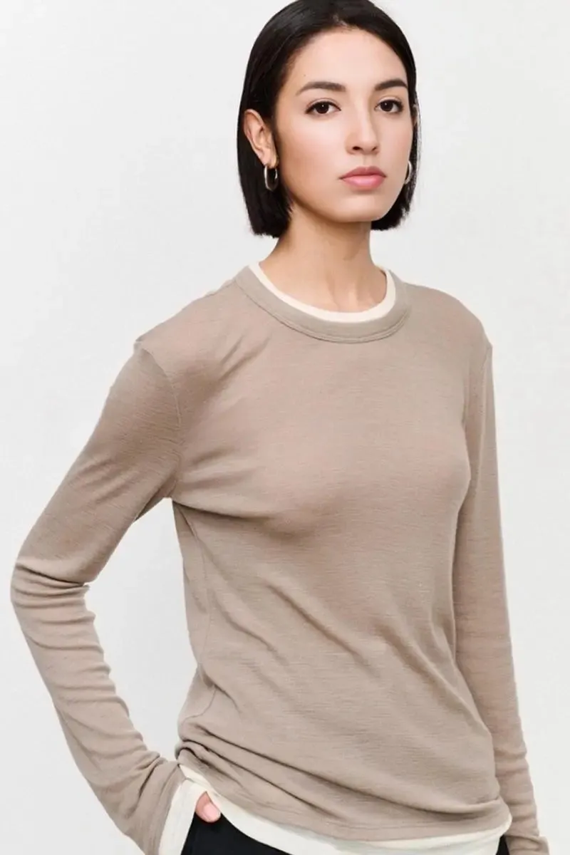 Tencel Wool Double Layered Crew Neck Knit Top