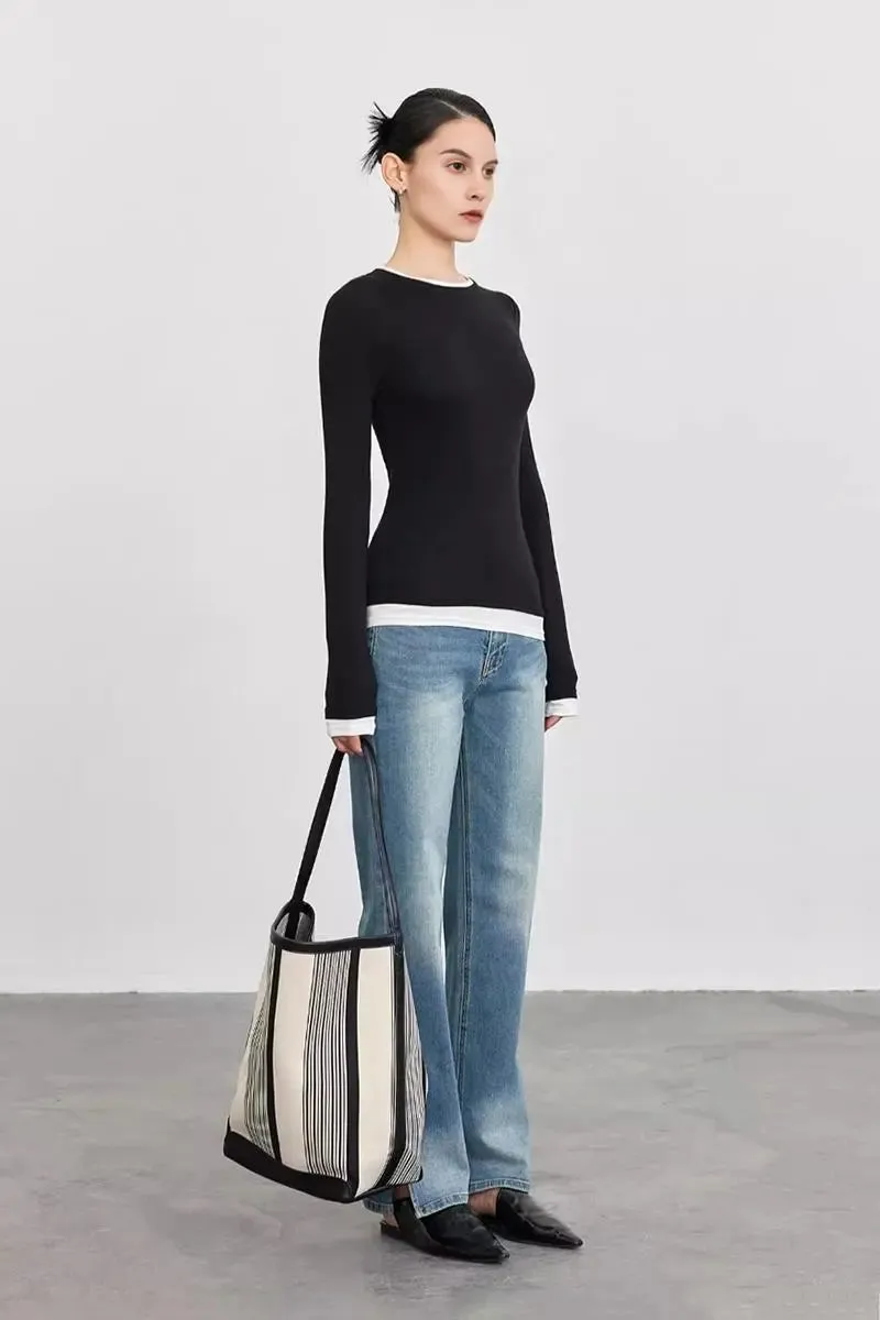 Tencel Wool Double Layered Crew Neck Knit Top