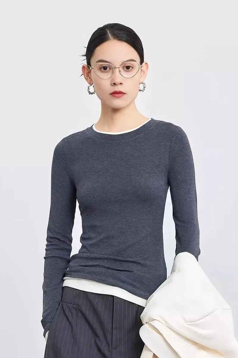 Tencel Wool Double Layered Crew Neck Knit Top