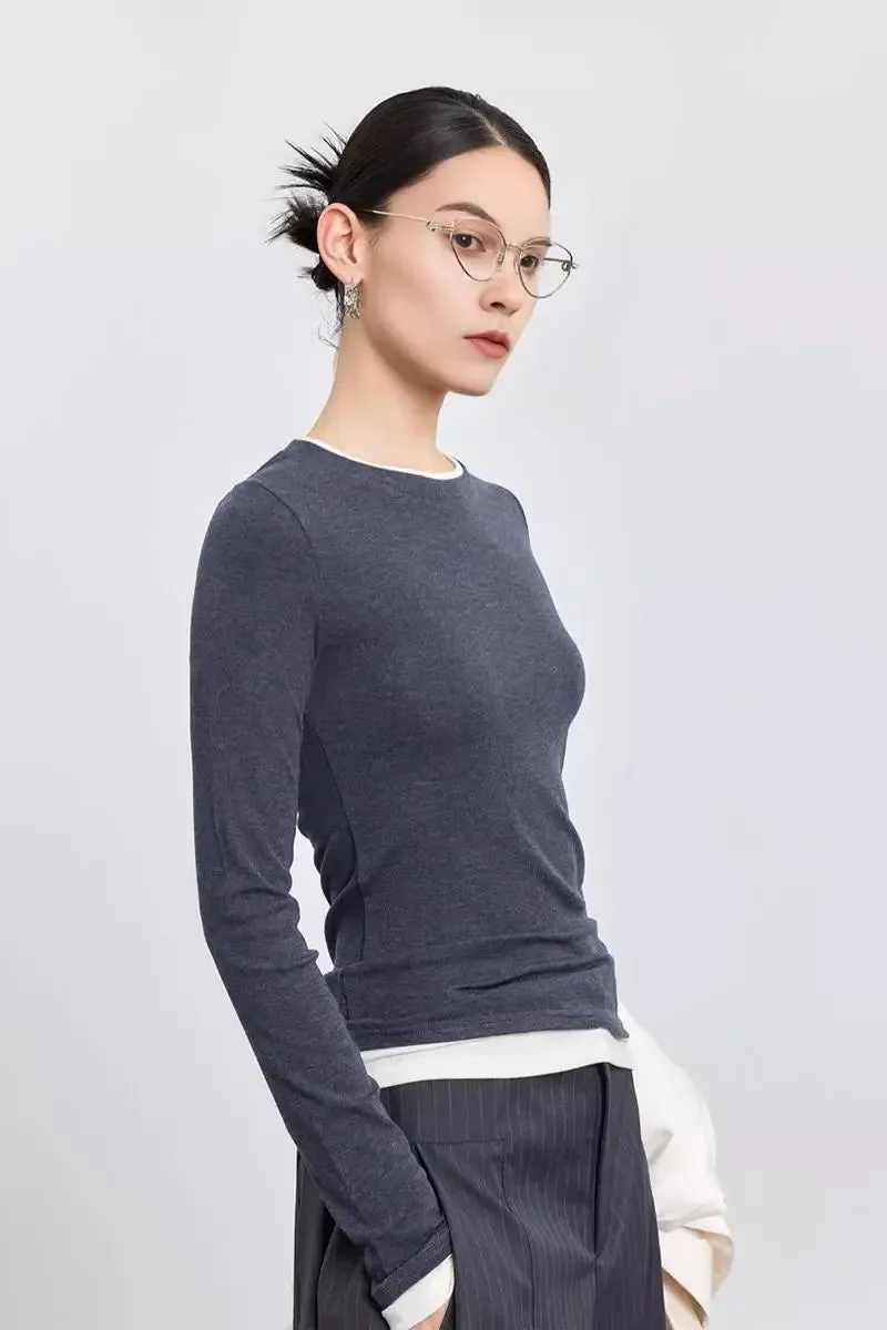 Tencel Wool Double Layered Crew Neck Knit Top