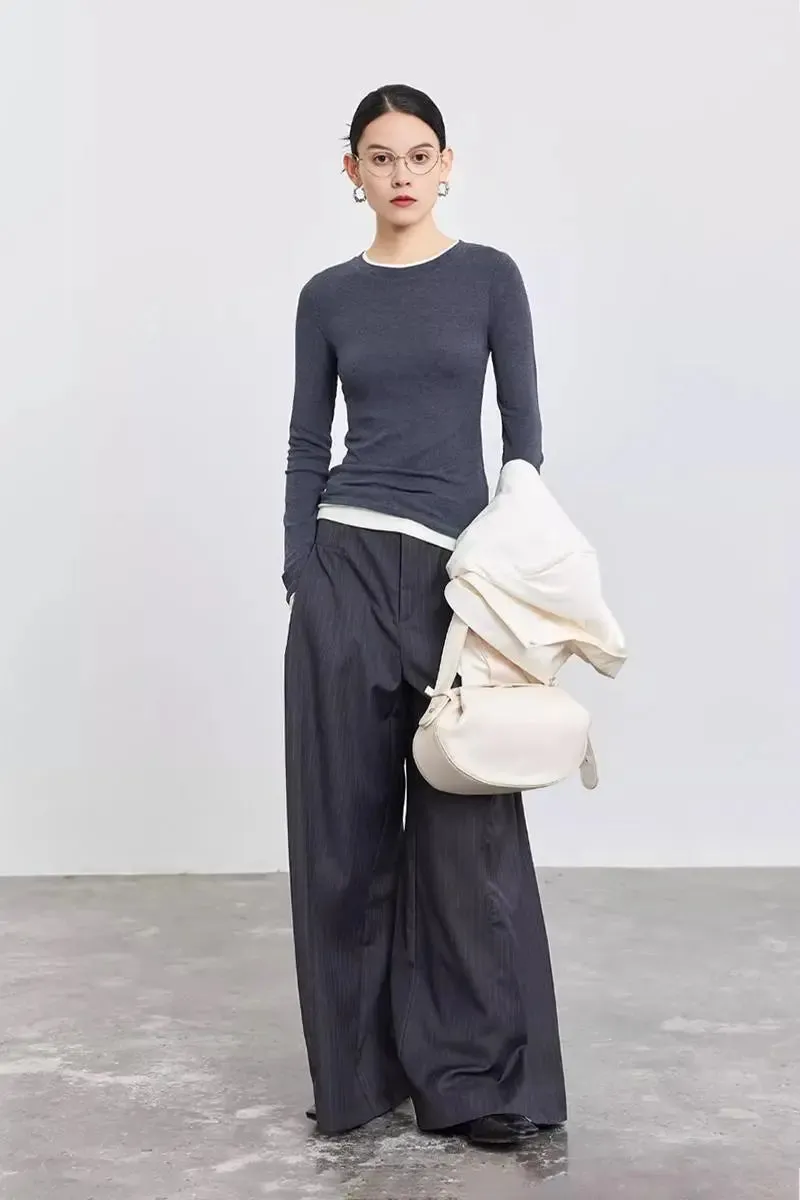 Tencel Wool Double Layered Crew Neck Knit Top