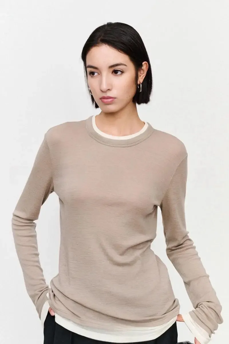 Tencel Wool Double Layered Crew Neck Knit Top