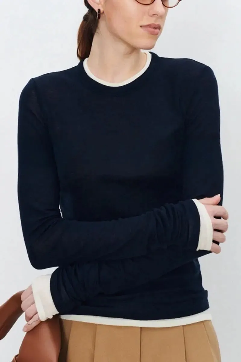 Tencel Wool Double Layered Crew Neck Knit Top