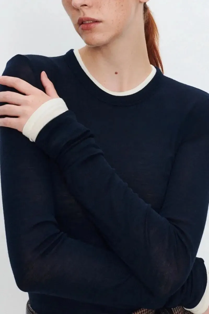 Tencel Wool Double Layered Crew Neck Knit Top