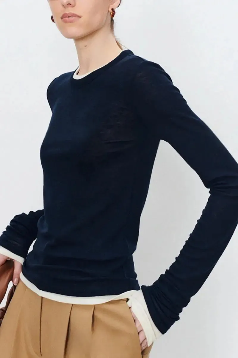 Tencel Wool Double Layered Crew Neck Knit Top