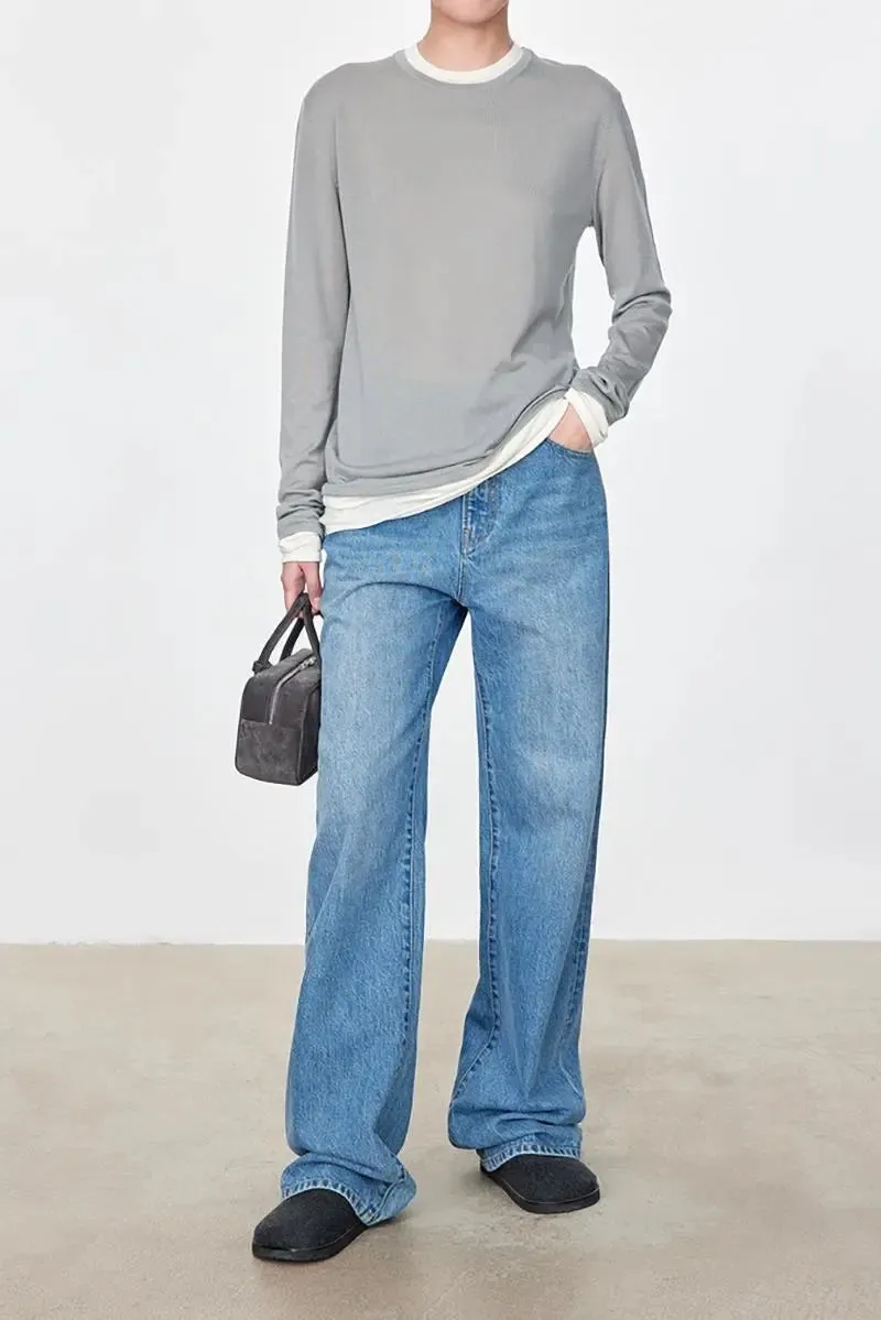 Tencel Wool Double Layered Crew Neck Knit Top