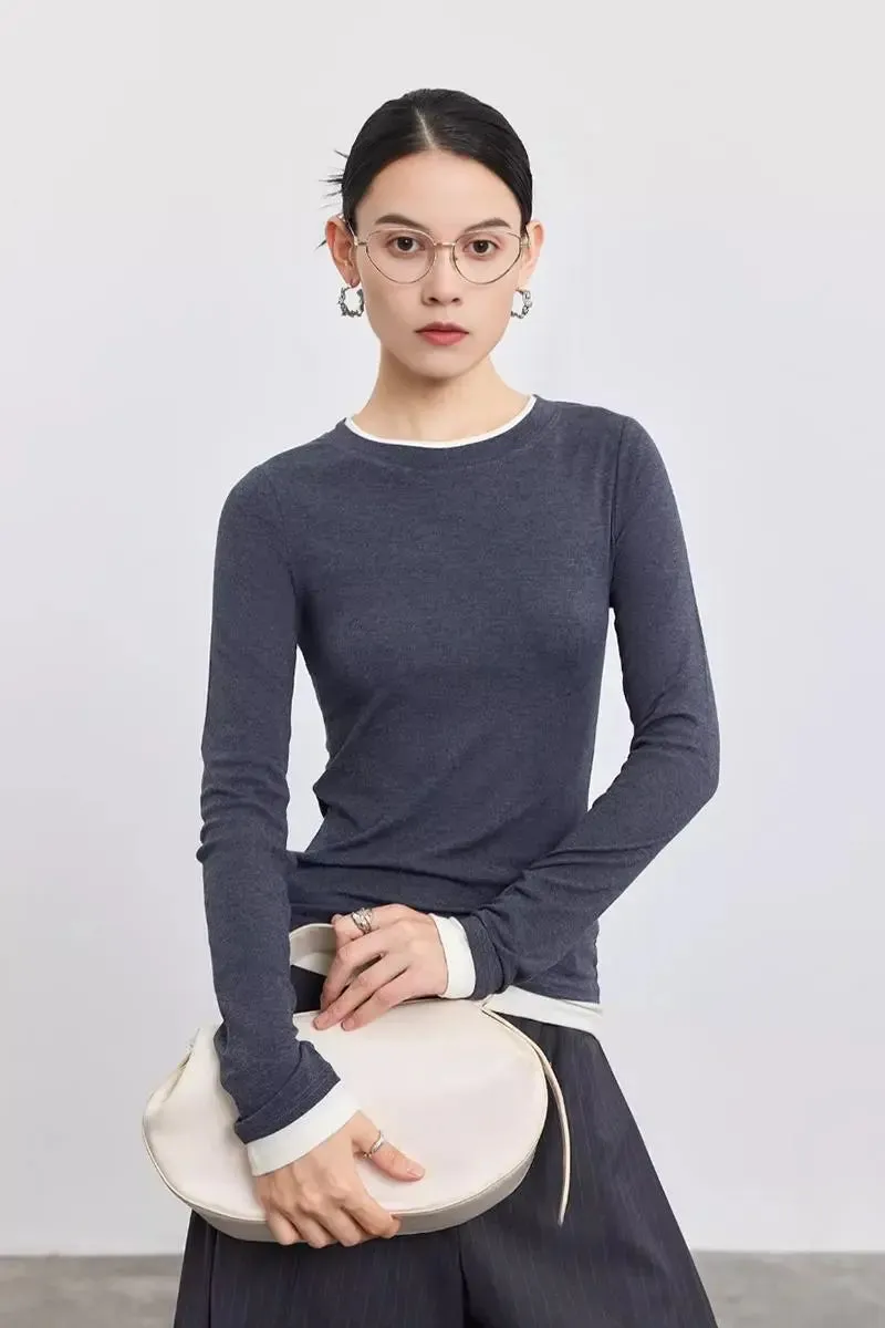 Tencel Wool Double Layered Crew Neck Knit Top