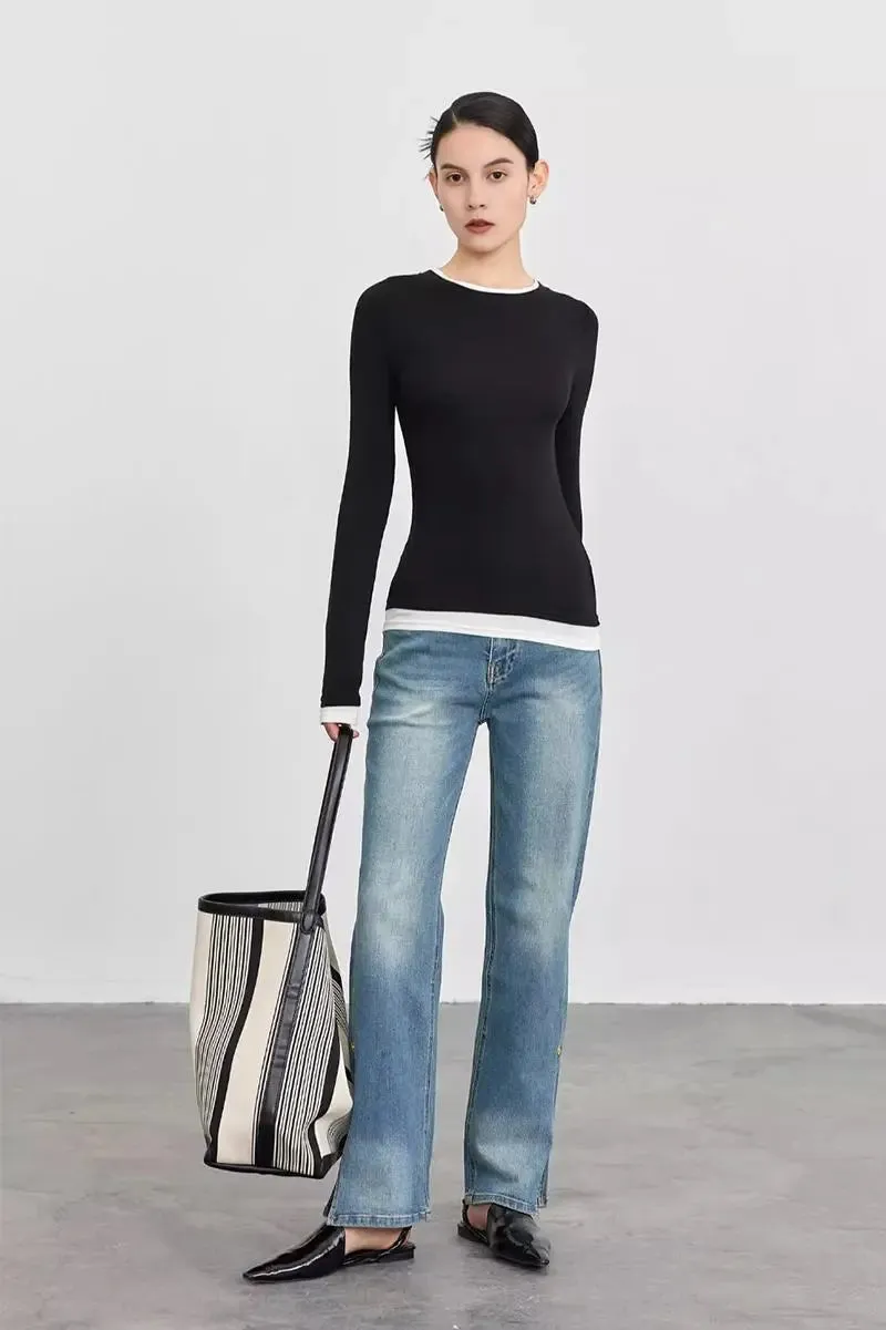 Tencel Wool Double Layered Crew Neck Knit Top