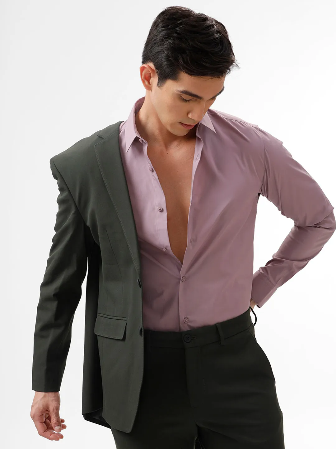 The Collection Men's Lavender Cotton Slim Fit Full Sleeves Solid Shirt