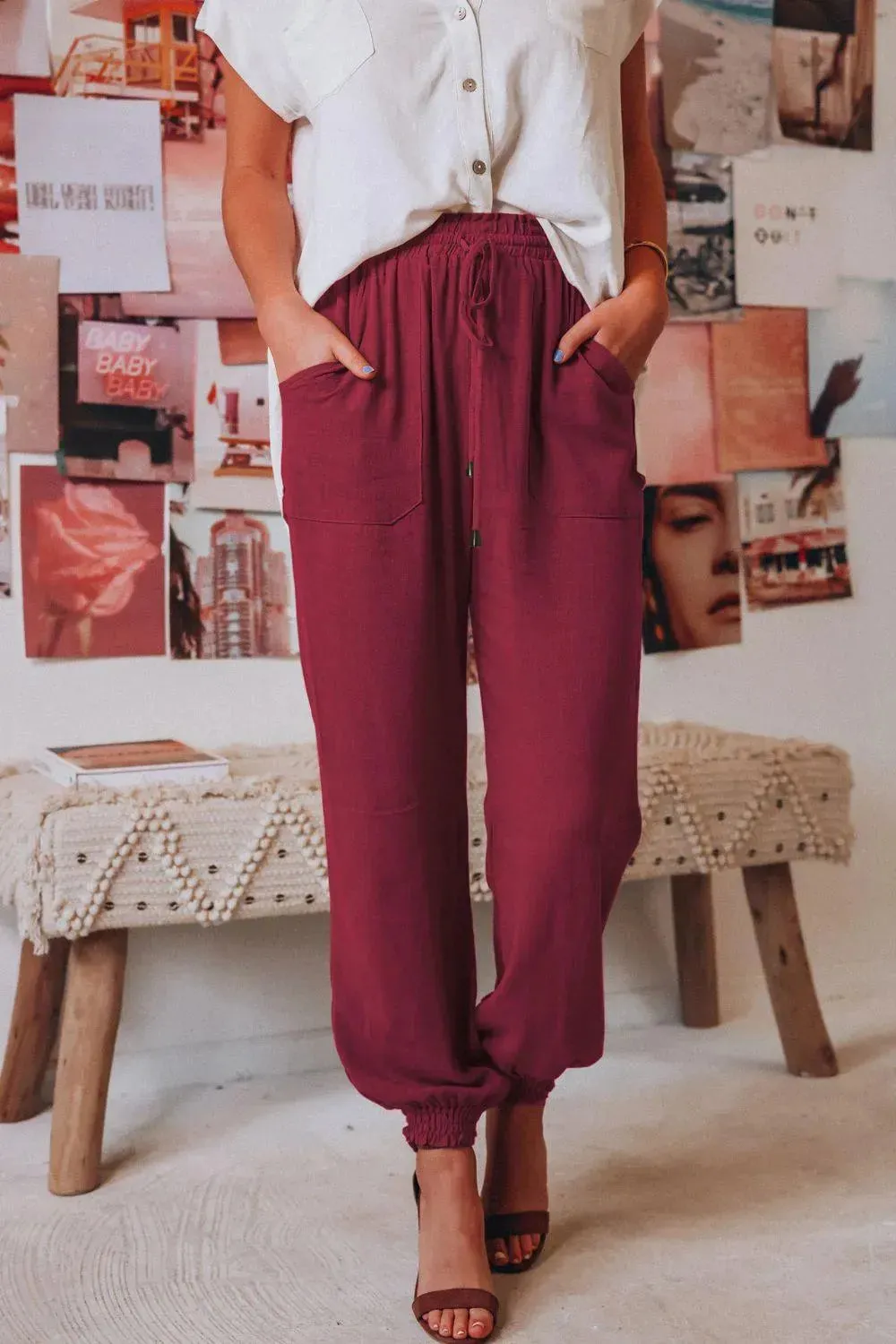 Tie Waist Long Joggers with Functional Pockets