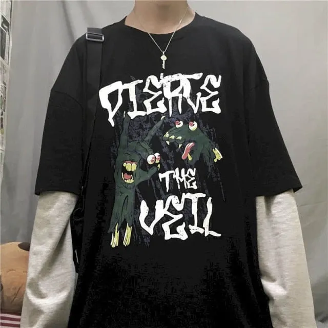 Voguable T-shirt Cross of Thorns fake two-piece for men women long-sleeved dark hip-hop loose large size autumn new trend top Simplicity