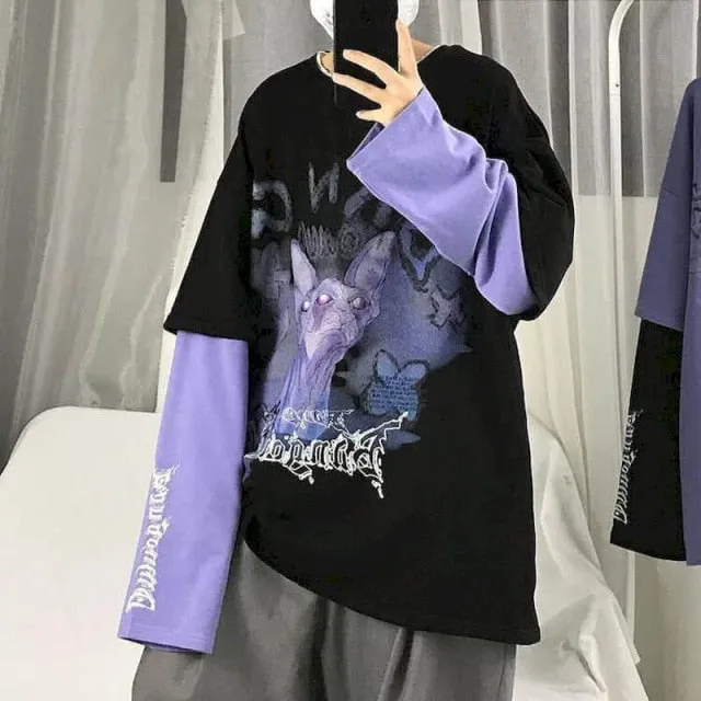 Voguable T-shirt Cross of Thorns fake two-piece for men women long-sleeved dark hip-hop loose large size autumn new trend top Simplicity