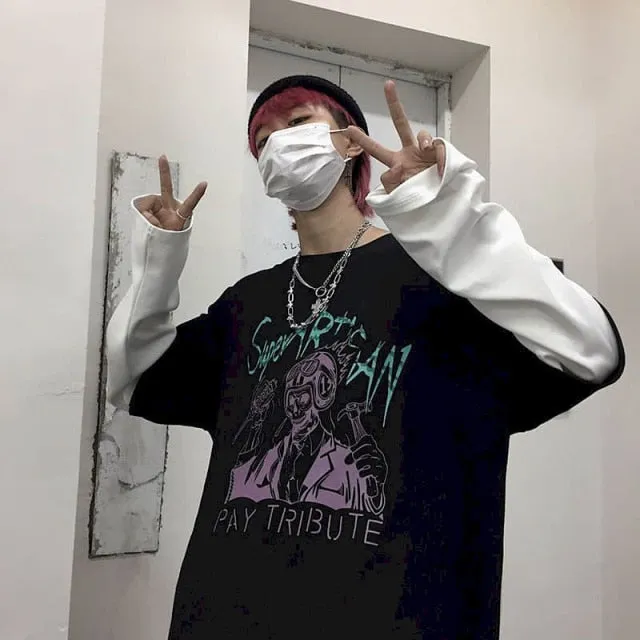 Voguable T-shirt Cross of Thorns fake two-piece for men women long-sleeved dark hip-hop loose large size autumn new trend top Simplicity