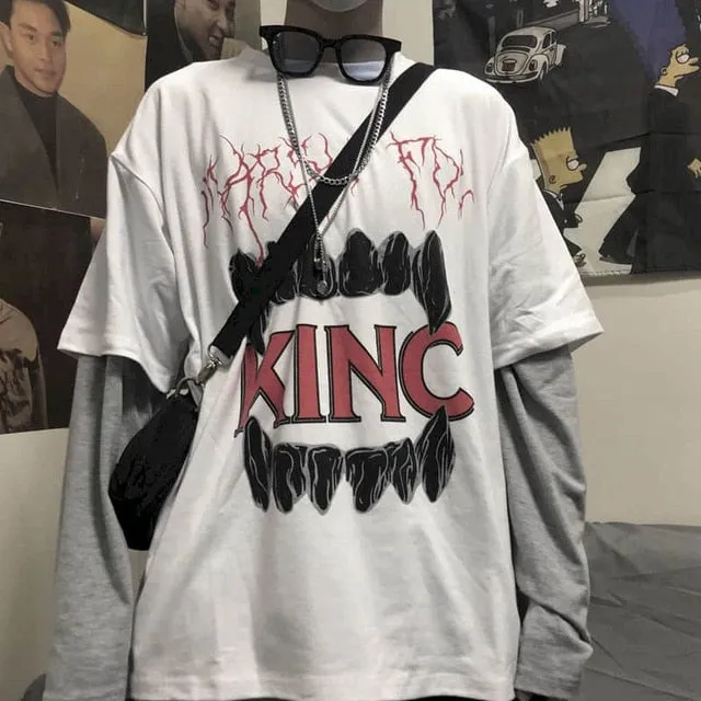 Voguable T-shirt Cross of Thorns fake two-piece for men women long-sleeved dark hip-hop loose large size autumn new trend top Simplicity