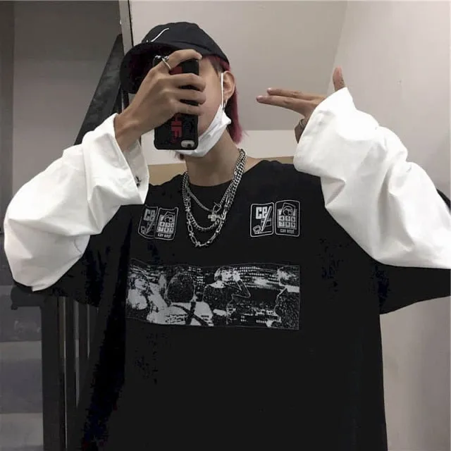Voguable T-shirt Cross of Thorns fake two-piece for men women long-sleeved dark hip-hop loose large size autumn new trend top Simplicity