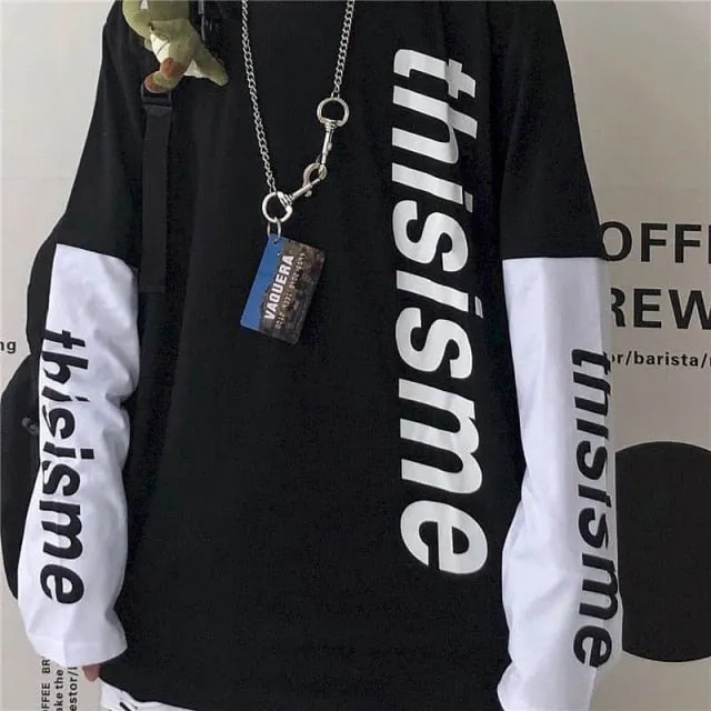 Voguable T-shirt Cross of Thorns fake two-piece for men women long-sleeved dark hip-hop loose large size autumn new trend top Simplicity