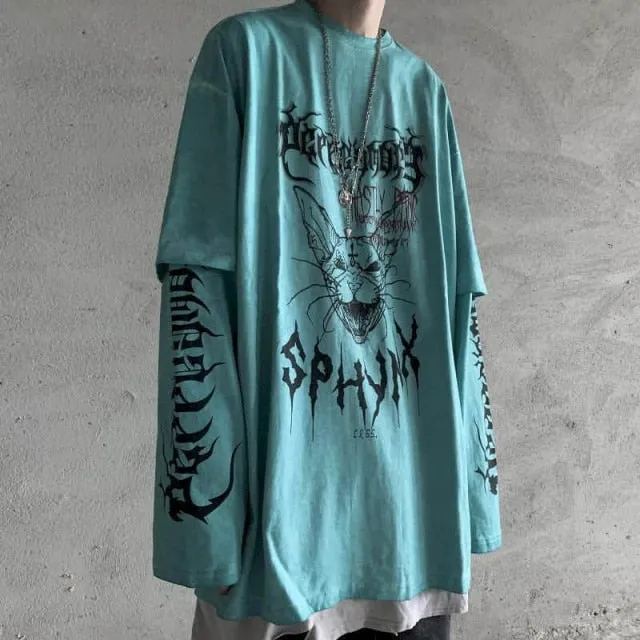 Voguable T-shirt Cross of Thorns fake two-piece for men women long-sleeved dark hip-hop loose large size autumn new trend top Simplicity
