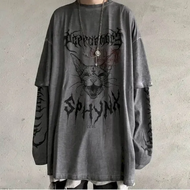 Voguable T-shirt Cross of Thorns fake two-piece for men women long-sleeved dark hip-hop loose large size autumn new trend top Simplicity