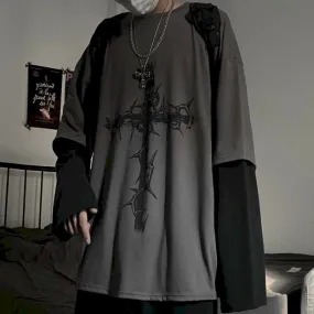 Voguable T-shirt Cross of Thorns fake two-piece for men women long-sleeved dark hip-hop loose large size autumn new trend top Simplicity