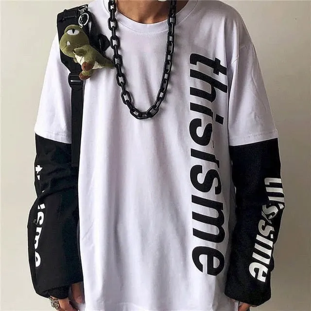 Voguable T-shirt Cross of Thorns fake two-piece for men women long-sleeved dark hip-hop loose large size autumn new trend top Simplicity
