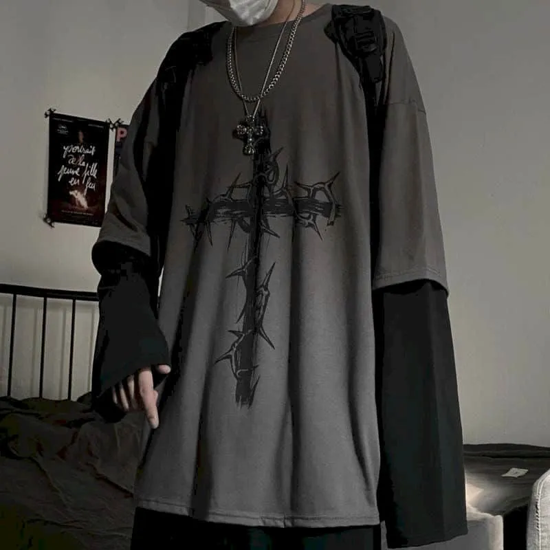 Voguable T-shirt Cross of Thorns fake two-piece for men women long-sleeved dark hip-hop loose large size autumn new trend top Simplicity