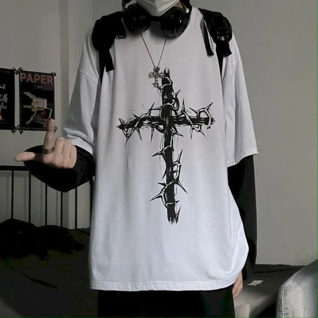 Voguable T-shirt Cross of Thorns fake two-piece for men women long-sleeved dark hip-hop loose large size autumn new trend top Simplicity