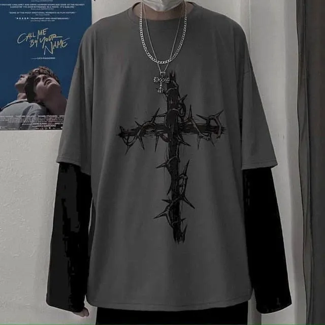 Voguable T-shirt Cross of Thorns fake two-piece for men women long-sleeved dark hip-hop loose large size autumn new trend top Simplicity