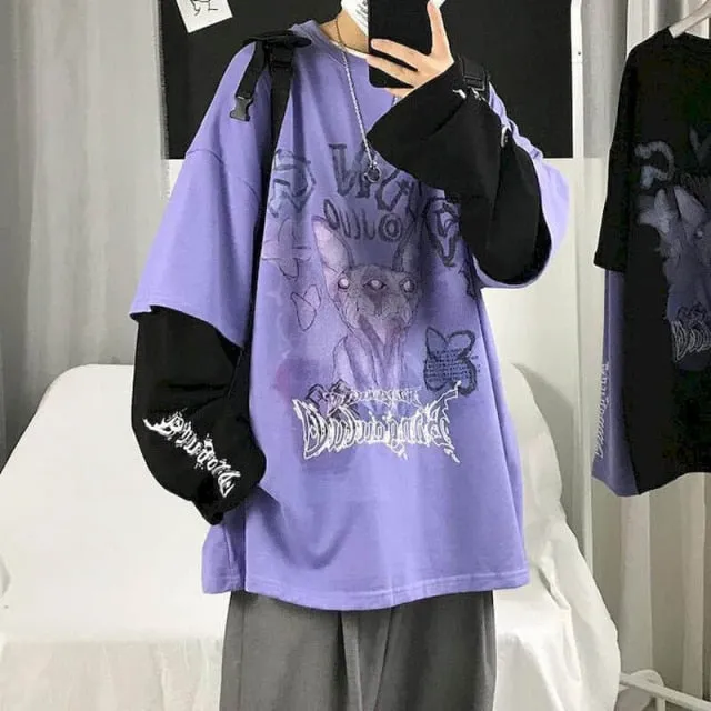 Voguable T-shirt Cross of Thorns fake two-piece for men women long-sleeved dark hip-hop loose large size autumn new trend top Simplicity