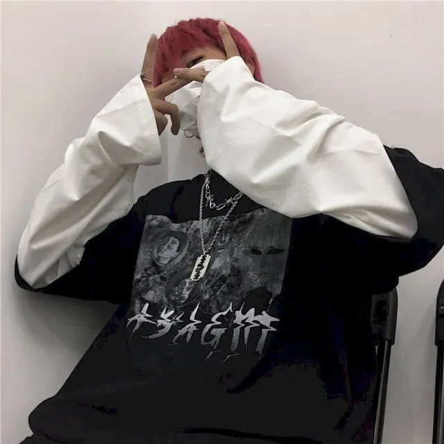 Voguable T-shirt Cross of Thorns fake two-piece for men women long-sleeved dark hip-hop loose large size autumn new trend top Simplicity