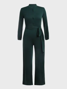 Waist Lace-Up Buttoned Jumpsuit (Green)