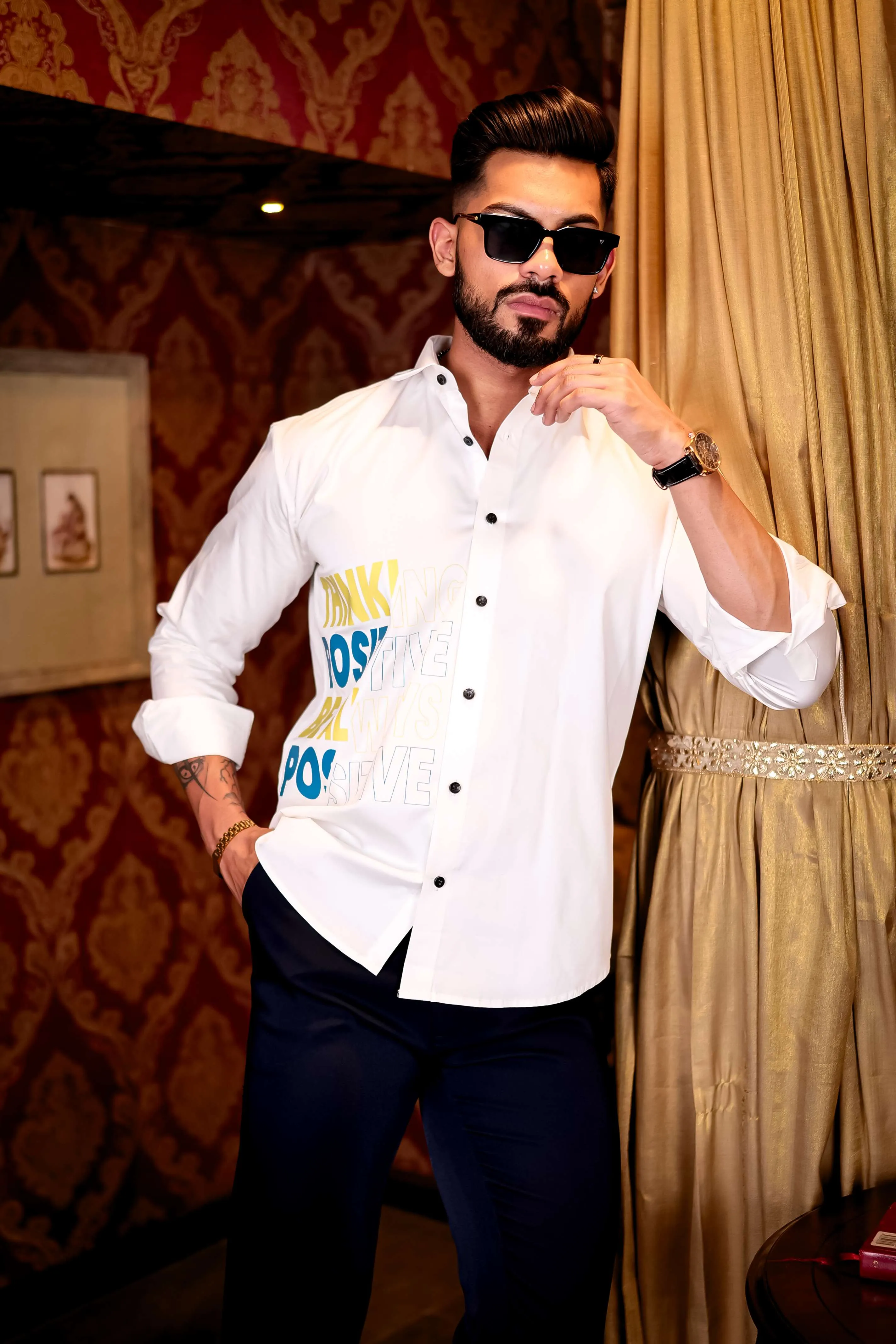 White Think Positive Be Always Positive Club Wear Printed Satin Cotton Shirt