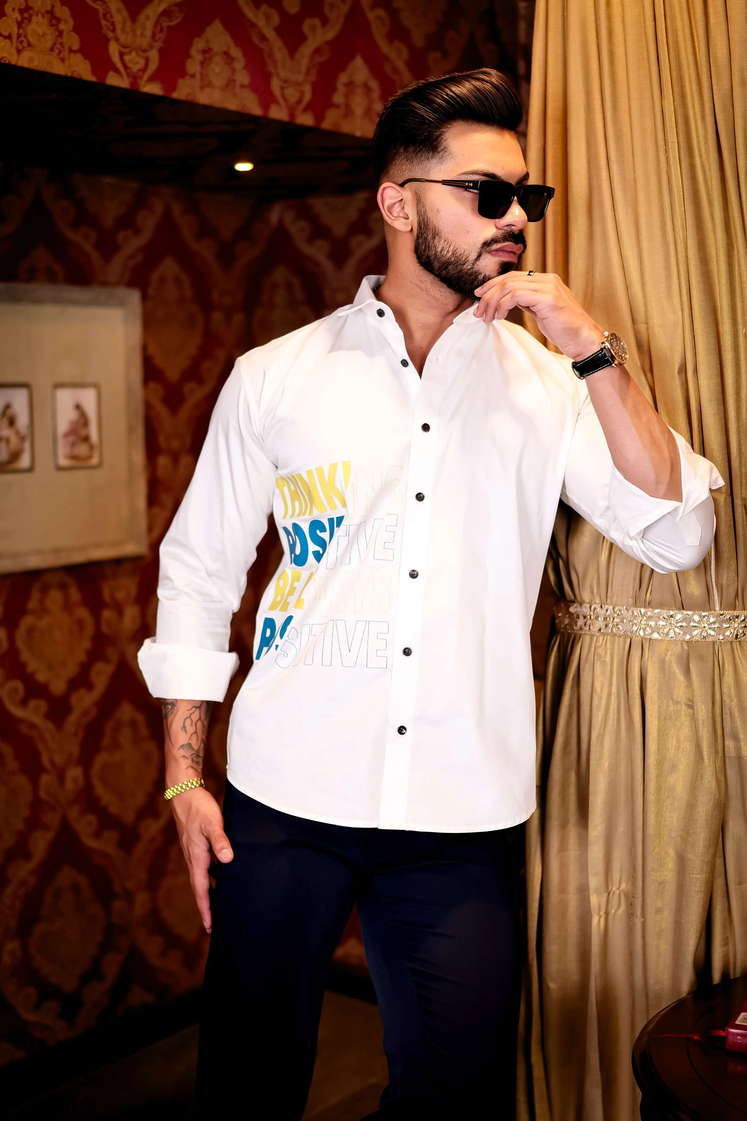 White Think Positive Be Always Positive Club Wear Printed Satin Cotton Shirt
